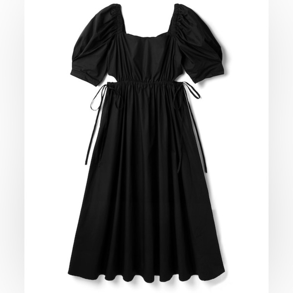 GRL Black Puff Sleeve Cotton Midi Dress Peek-A-Boo Tie Waist Size S